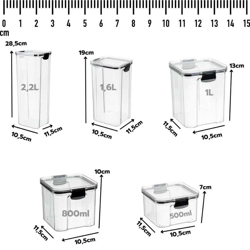 Kit 5 Potes Herméticos com Trava e Alta Vedação